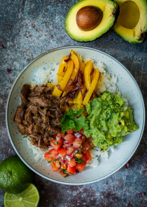 Taco Bowls                             (with slow-cooked beef)