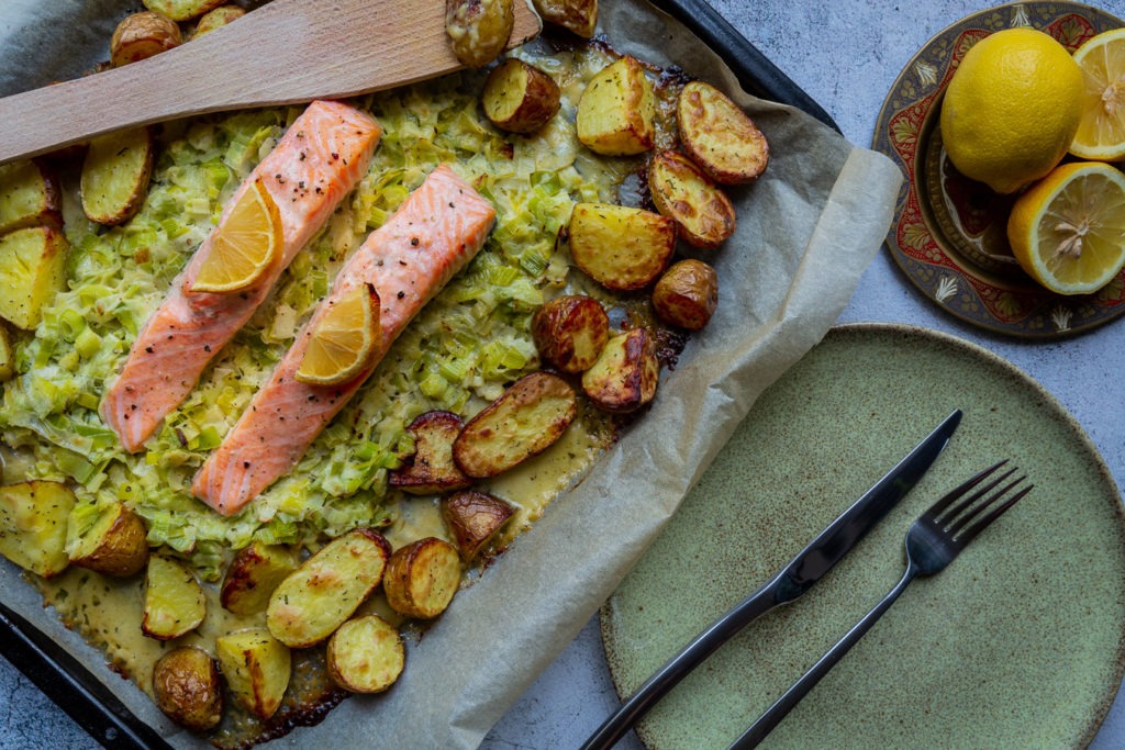 Creamy Leek & Salmon Traybake